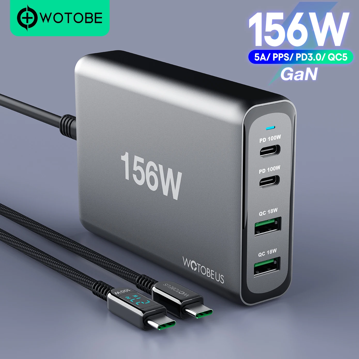 WOTOBE 156W GaN Charger USB-C Power Adapter,4-port PD100W PPS 65W 45W QC4.0 for  iPhone 14 MacBook Samsung HP Dell MiBook Laptop