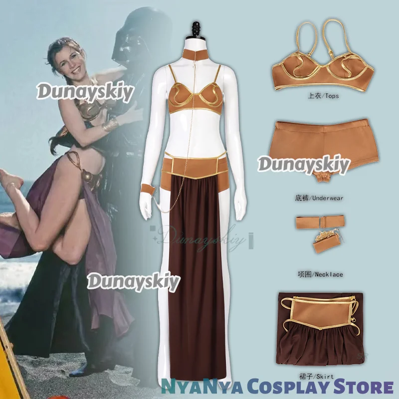 Movie Leia 코스프레 Costume Princess Sexy Slave Dress Golden Bikini Set Choker Perfect For Halloween Party Carnival Suit