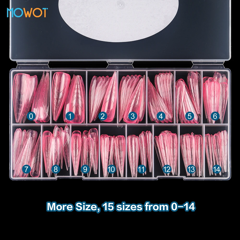 MOWOT 150 ชิ้น/กล่อง 15 ขนาด ฟอร์มเล็บปลอมทรงอัลมอนด์แบบฝรั่งเศส สำหรับต่อเล็บเจล DIY อุปกรณ์ทำเล็บ