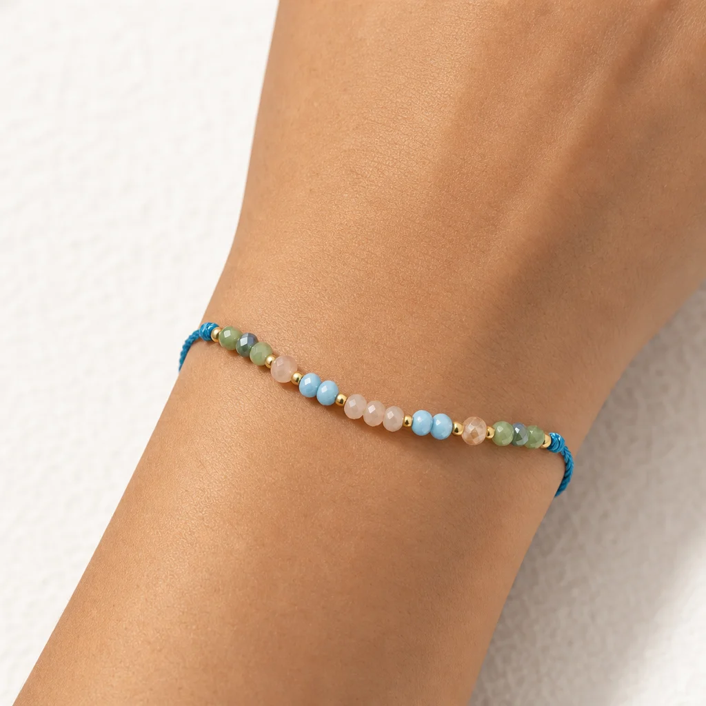1pc Women's Bohemian Multicolor Round Crystal Beaded Strand Bracelet with Lace-Up Closure for Summer Beach Style