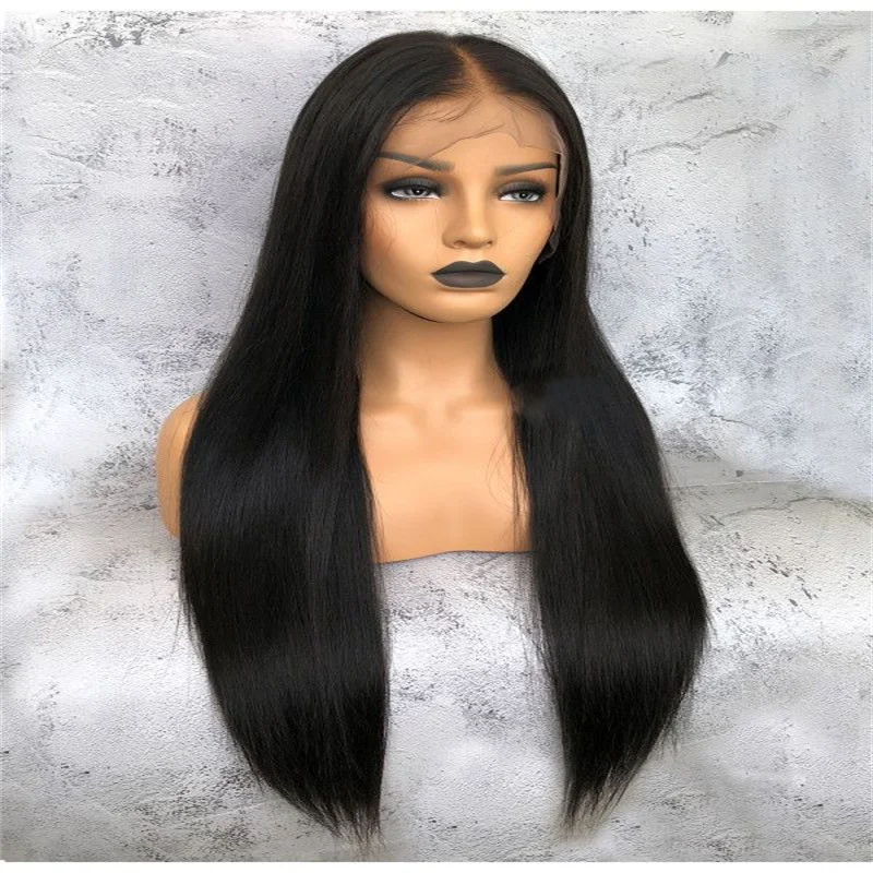 

26Inch 180Density Natural Black Kinky Yaki Straight Lase Front Wig For Women Heat Resistant BabyHair Glueless Preplucked Daily