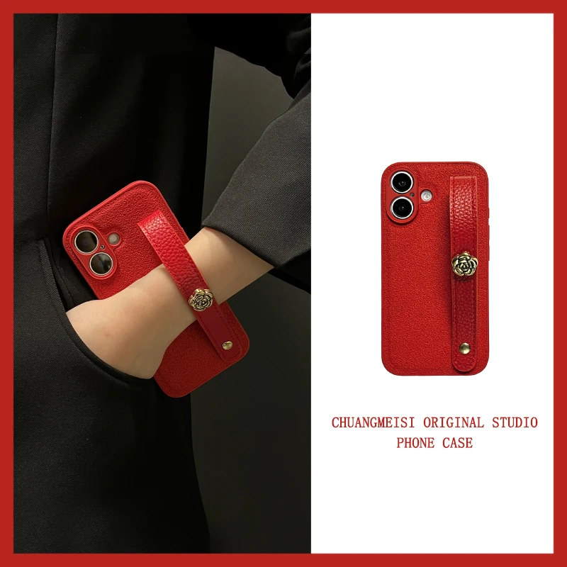 

Moon pit pattern red camellia wristband for apple 16promax case iphone 15promax13pro personalized 14pro drop proof 11/12 case xr