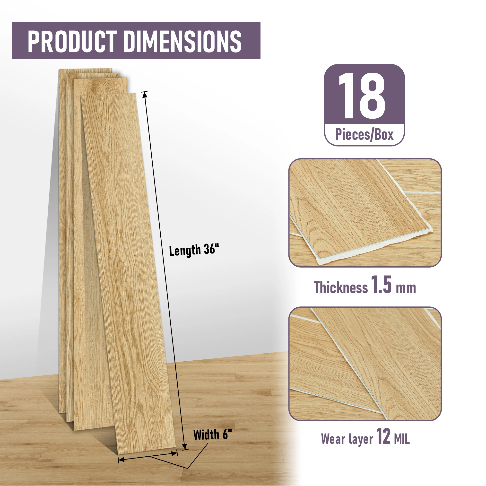 18개 조각 12MIL x 6인치 x 36인치 미국용 붙이는 바닥 타일 주방 다층 구조