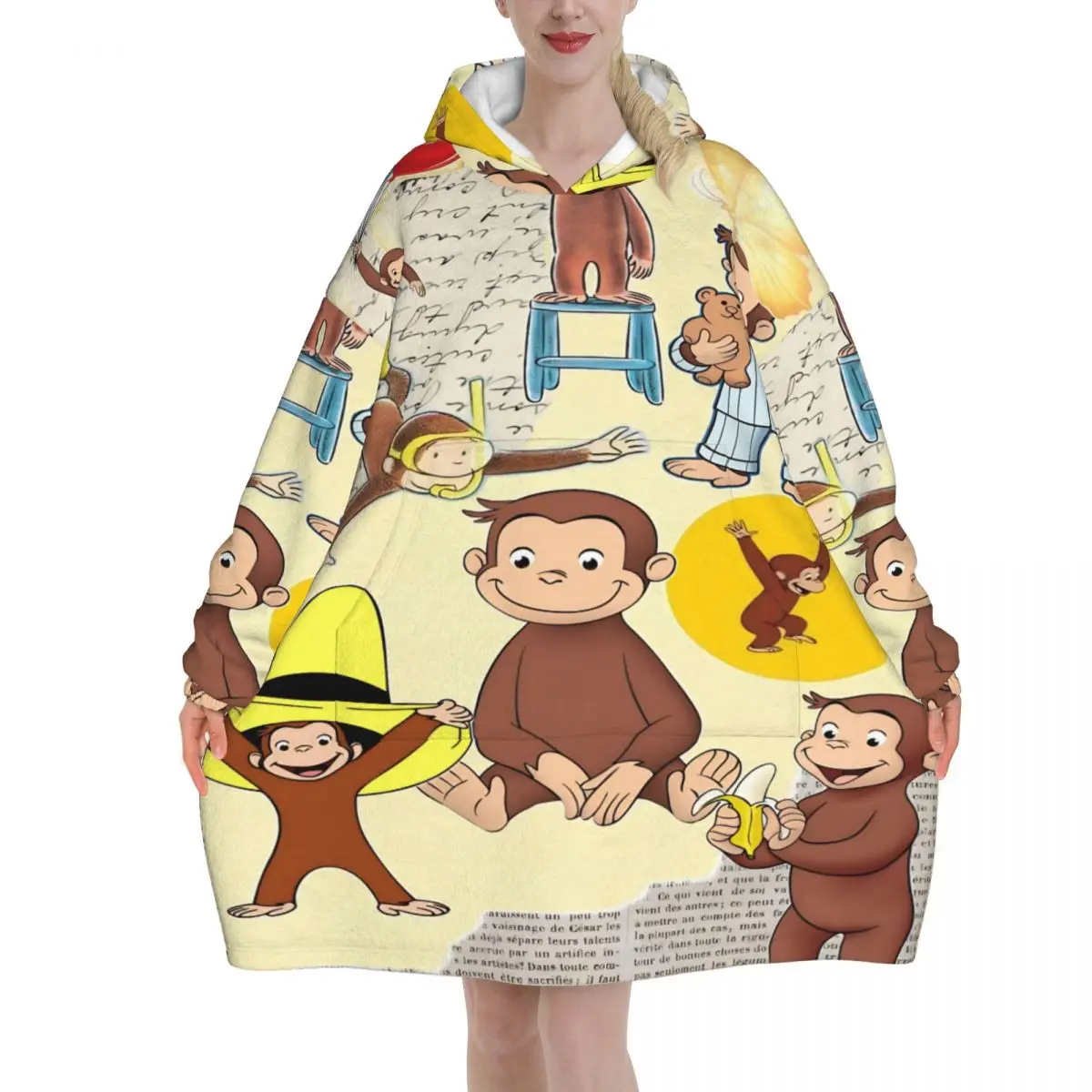Curious George African Monkey Blanket Hoodie Oversized Wearable Sweatshirt Blanket Warm Gifts for Women Girls Girlfriend