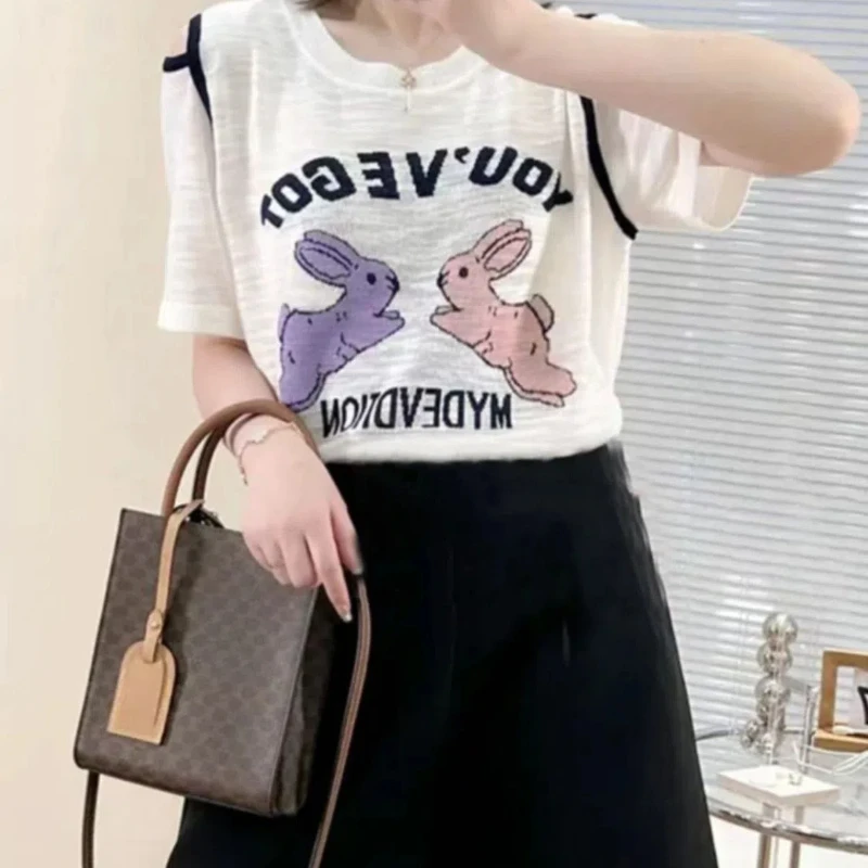

200 Catties Large Size Sweater Summer New Loose Slim Off-shoulder Embroidered Rabbit Letter Jacquard Top for Women