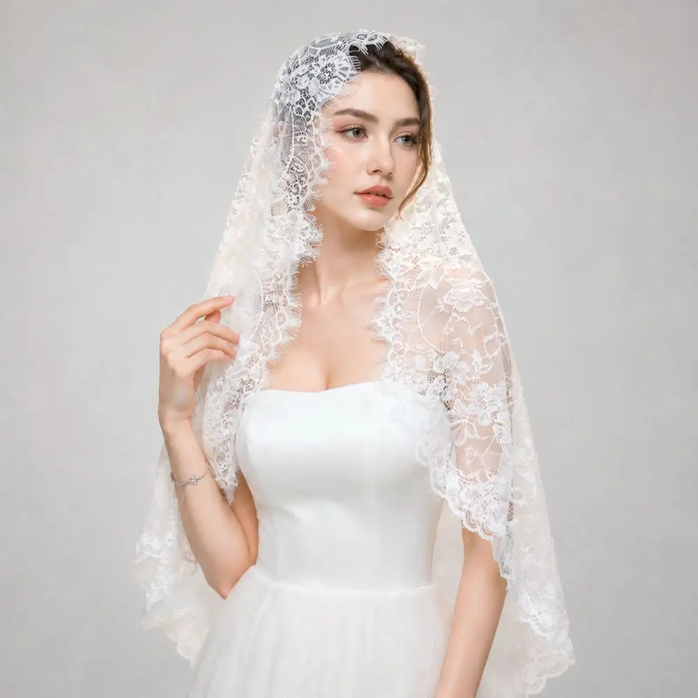 Elegant Lace Bridal Shawl Wedding Veil Eyelash Trim Scarf Floral Hollow Out Wrap Lightweight Scarf Women Fashion Headpiece
