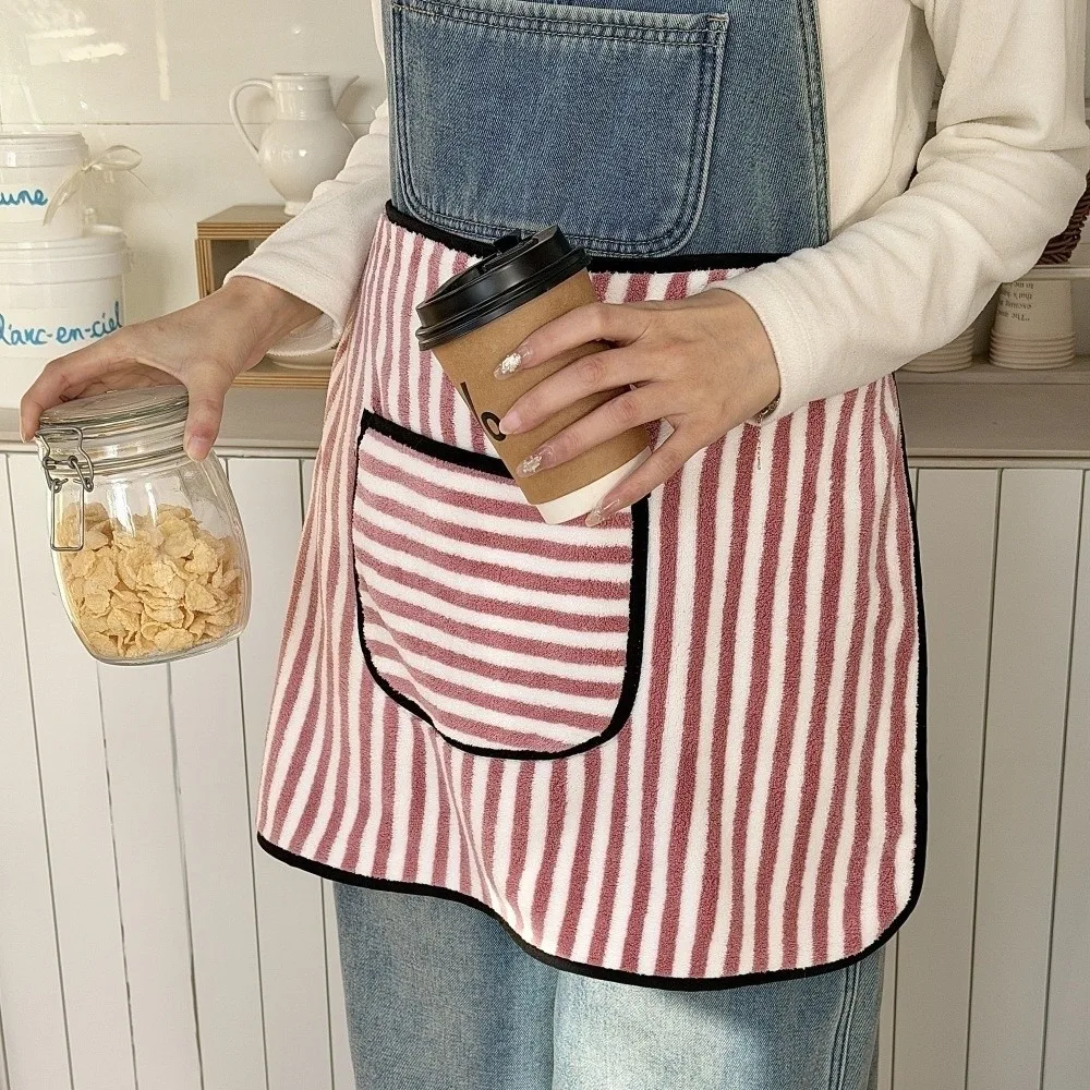 Fresh Coral Fleece Fabric Half Apron Water-Absorbent Short Length Kitchen Apron Striped Pattern Striped Apron Housework Use