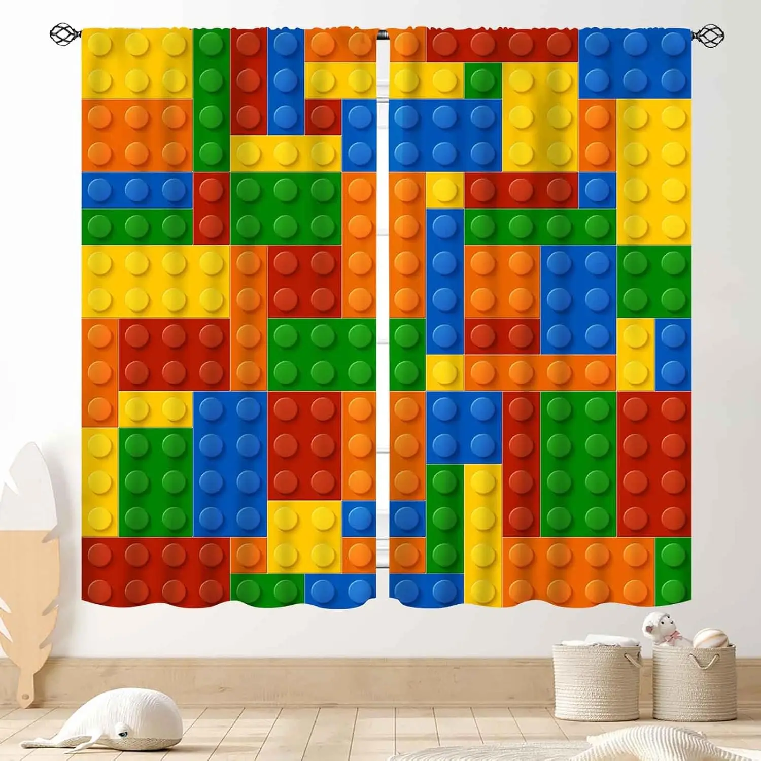 Building Blocks Toy Curtains for Boys Room, Abstract Colorful Plastic Building Brick Blocks Toy Geometric Printed Pattern Window