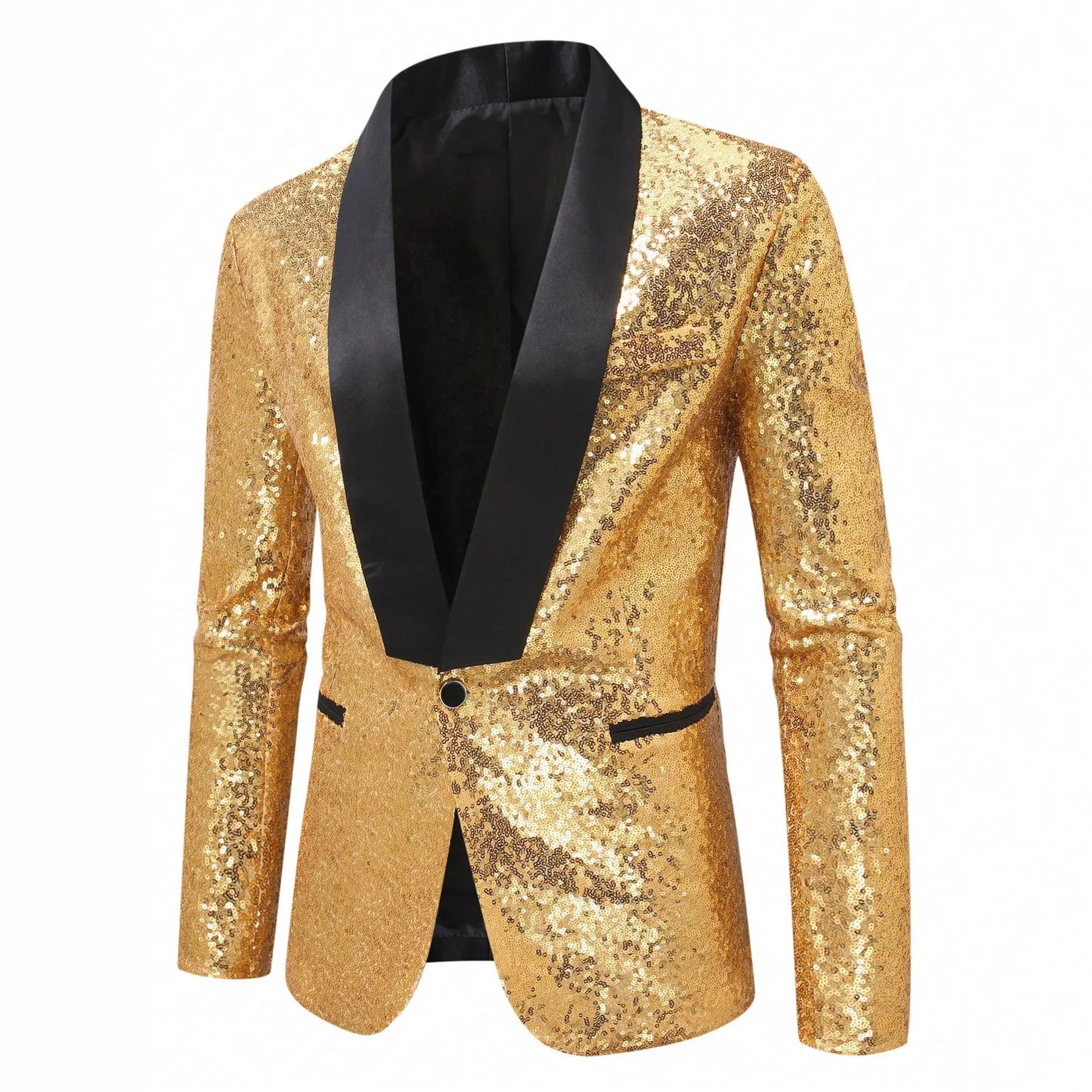 

2025 New Men Gold Sequin Blazer Black Satin Lapel Single Button Nightclub Host Emcee Performance Costume Fashion Suit
