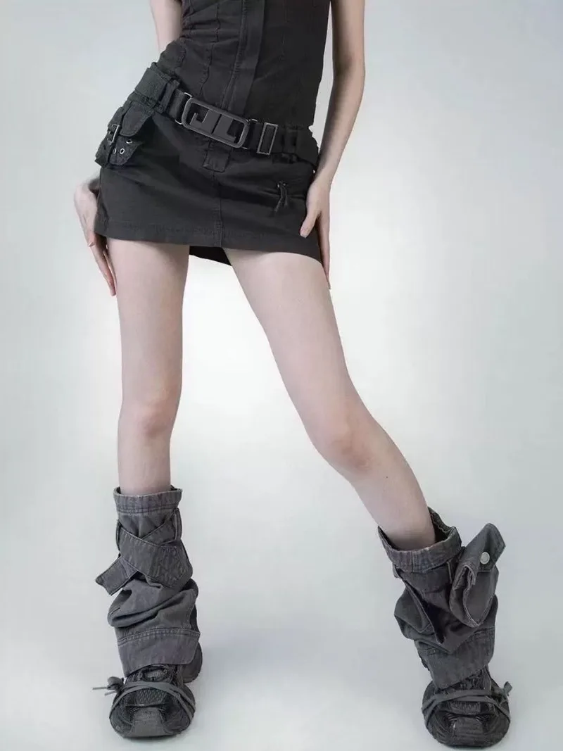 Gothic Skinny Simple Vintage Gray Denim Spliced Pocket Grunge Punk Sexy Girl Cool Legs Socks Stacking Socks Y2k Accessories