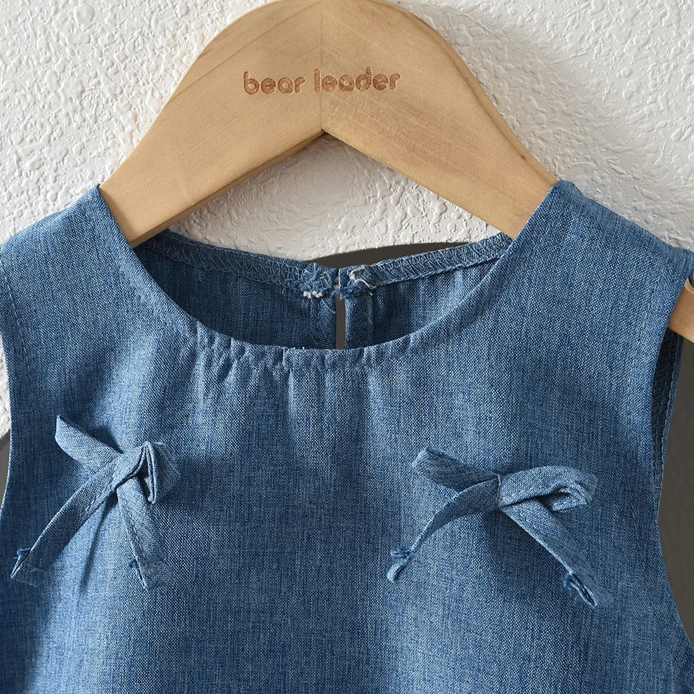 2026 Summer New Children's Clothing 3-7 Years Old Korean Version Sleeveless Bow Decoration Hem Splicing Girls' Casual Dresses image 3