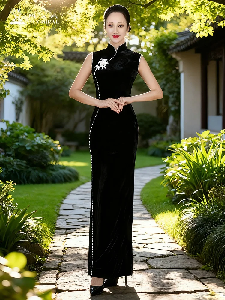 new-chinese-style-improved-green-slim-fit-split-classical-dance-performance-costume-women's-model-fashion-show