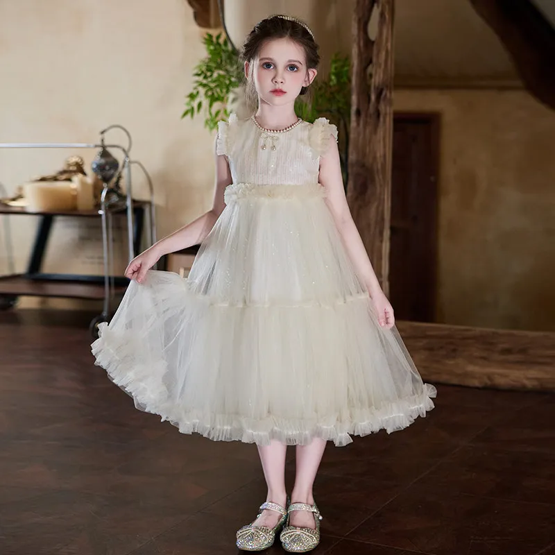 Girls' Dress Pearl Decoration Summer Sweet Charm Cute Children's Elegant Mesh Princess Dress Birthday Party Outdoor Fashion