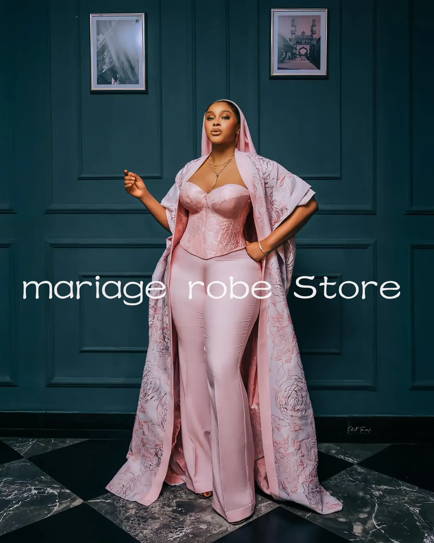 Pink jumpsuit Wedding dresses Set 3 Pieces Top Long Shawl Customized Appliqued Lace Formal aso ebi bridal gown garment suit