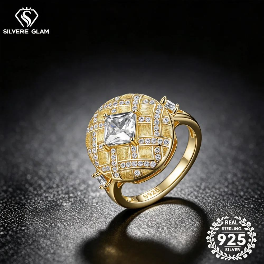 S925 Sterling Silver Woven Grid Princess Cut Moissanite Ring D VVS1 Pave Halo Vintage Statement Ring For Women Daily Party Wear