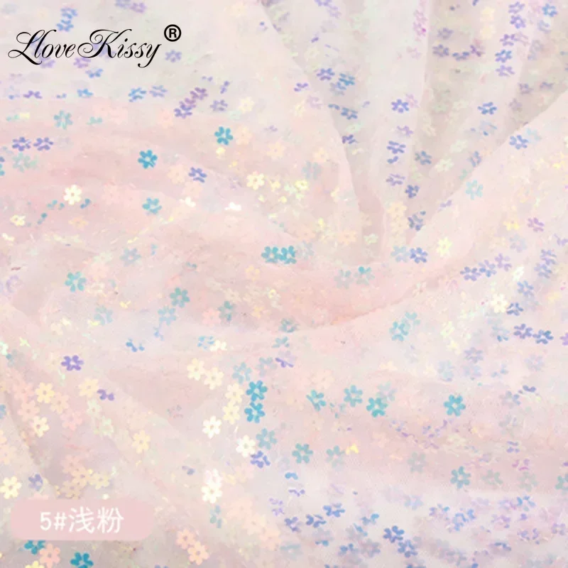 22 Colors Small Plum Blossom Mesh Sequin Fabric Illusion Laser Sequin  Wedding Background Decoration Fabric 5 Yards Wide:125cm