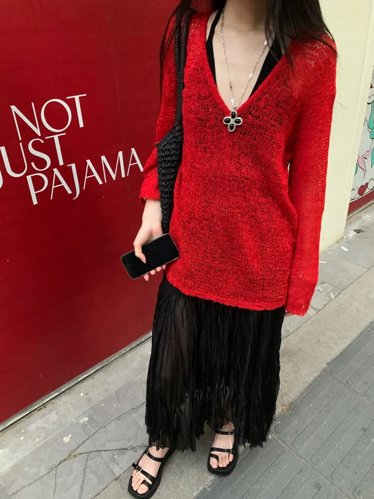 

Loose Knitted V-Ne Cover up Women's Long Sve Hollow out Top Comfortable Boredom Sle Faion Design Summer New Arrival