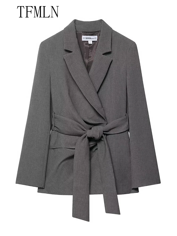 جديد 2025 الخريف المرأة السترة معاطف مع حزام موضة محززة كم طويل شيك سترات كاجوال مكتب سيدة الصلبة أبلى القمم