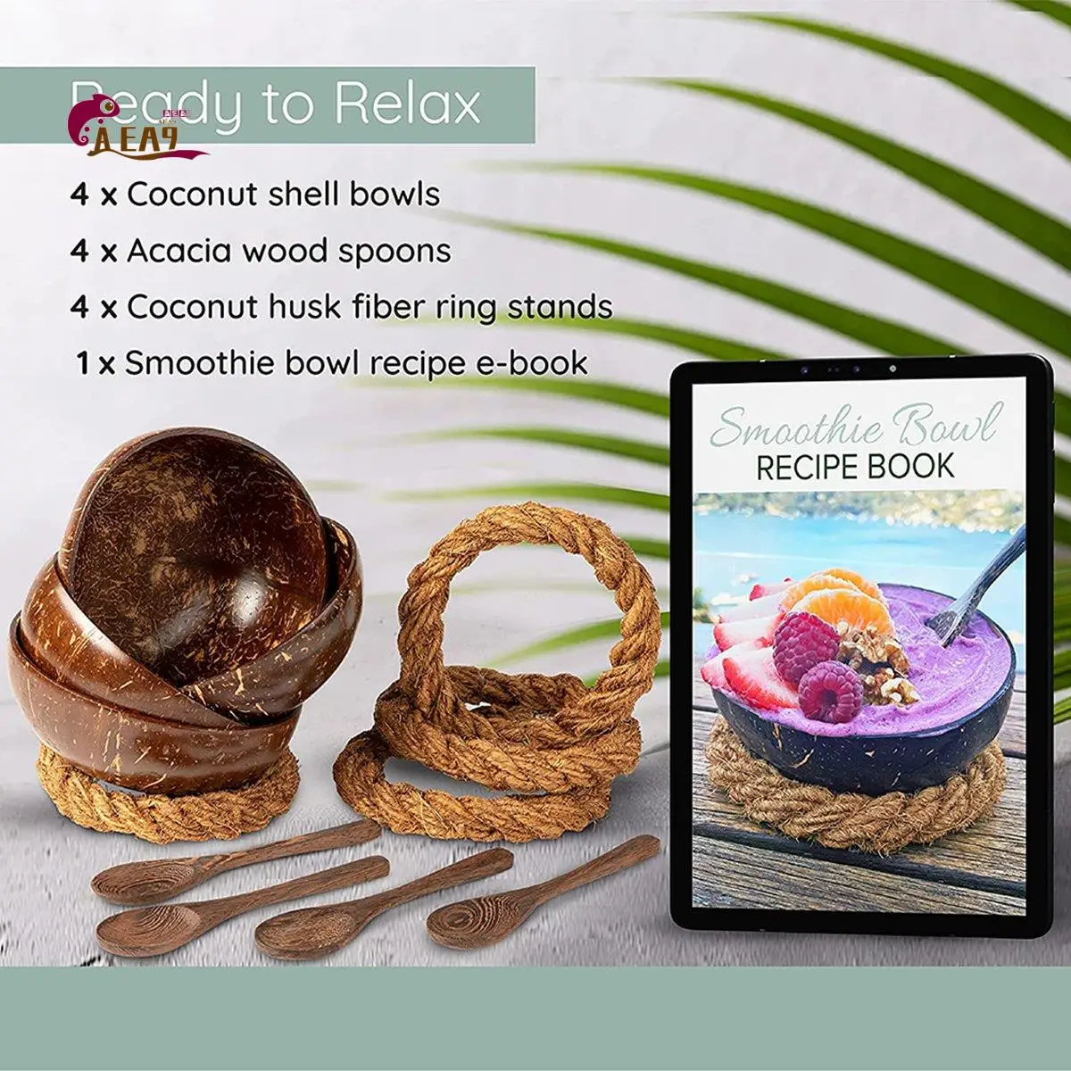

AEA9-Coconut Bowls With Spoons & Stands - Set Of 4 Coconut Shell Bowls + Wooden Spoons & No-Wobble Holders For Salad