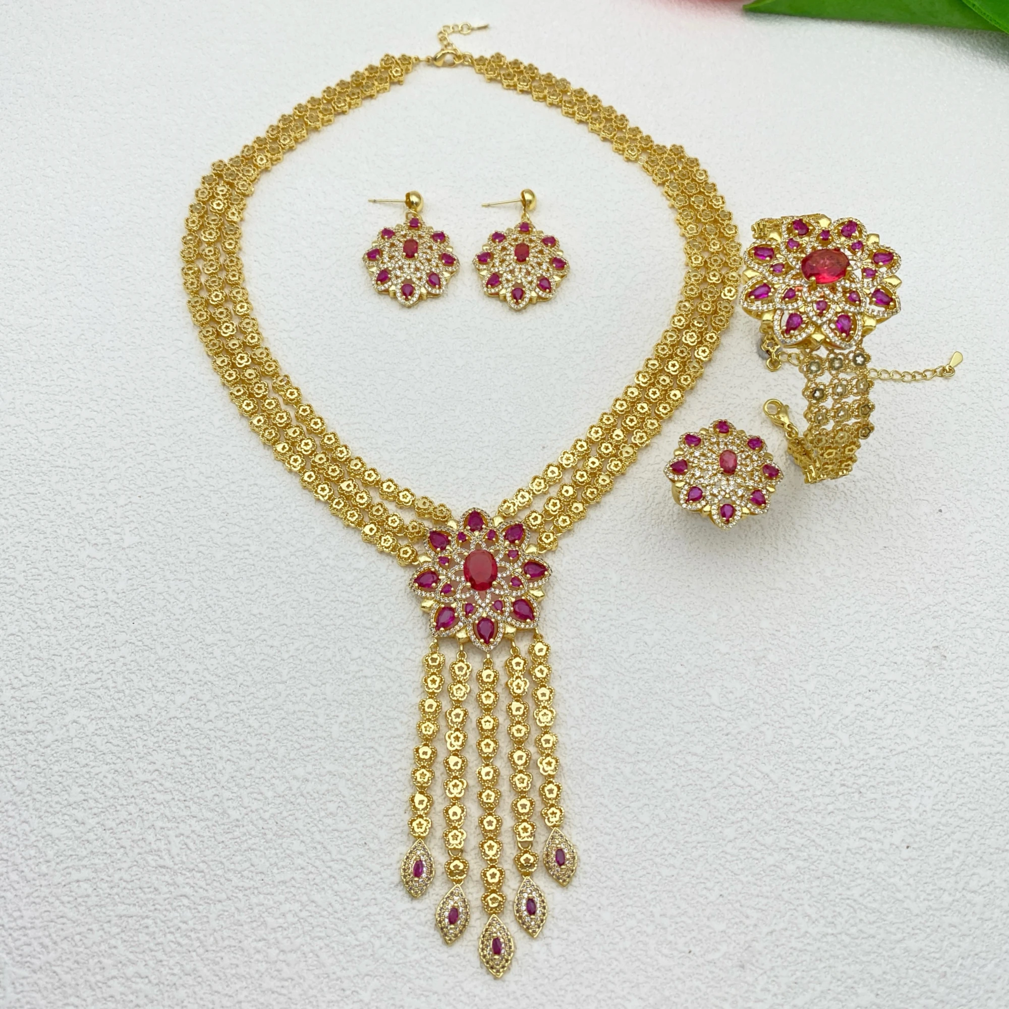 

JRH Luxury Gold-Plated Copper Wedding Jewelry Set for Middle Eastern Bride Cubic Zirconia Bracelet Ring Necklace Earrings
