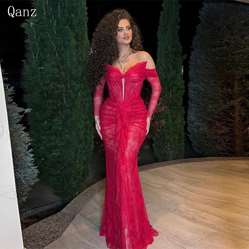 

Qanz Sexy Red Lace Prom Dresses Tulle Off The Shoulder Mermaid Appliques Dress Party Evening Elegant Luxury Celebrity 2024 New