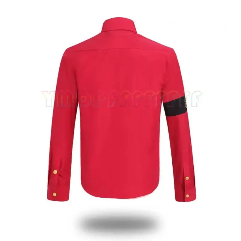 POP Michael Jackson anti war military shirt men's retro button up shirt in red white and black iconic pop star role-playing c view 3