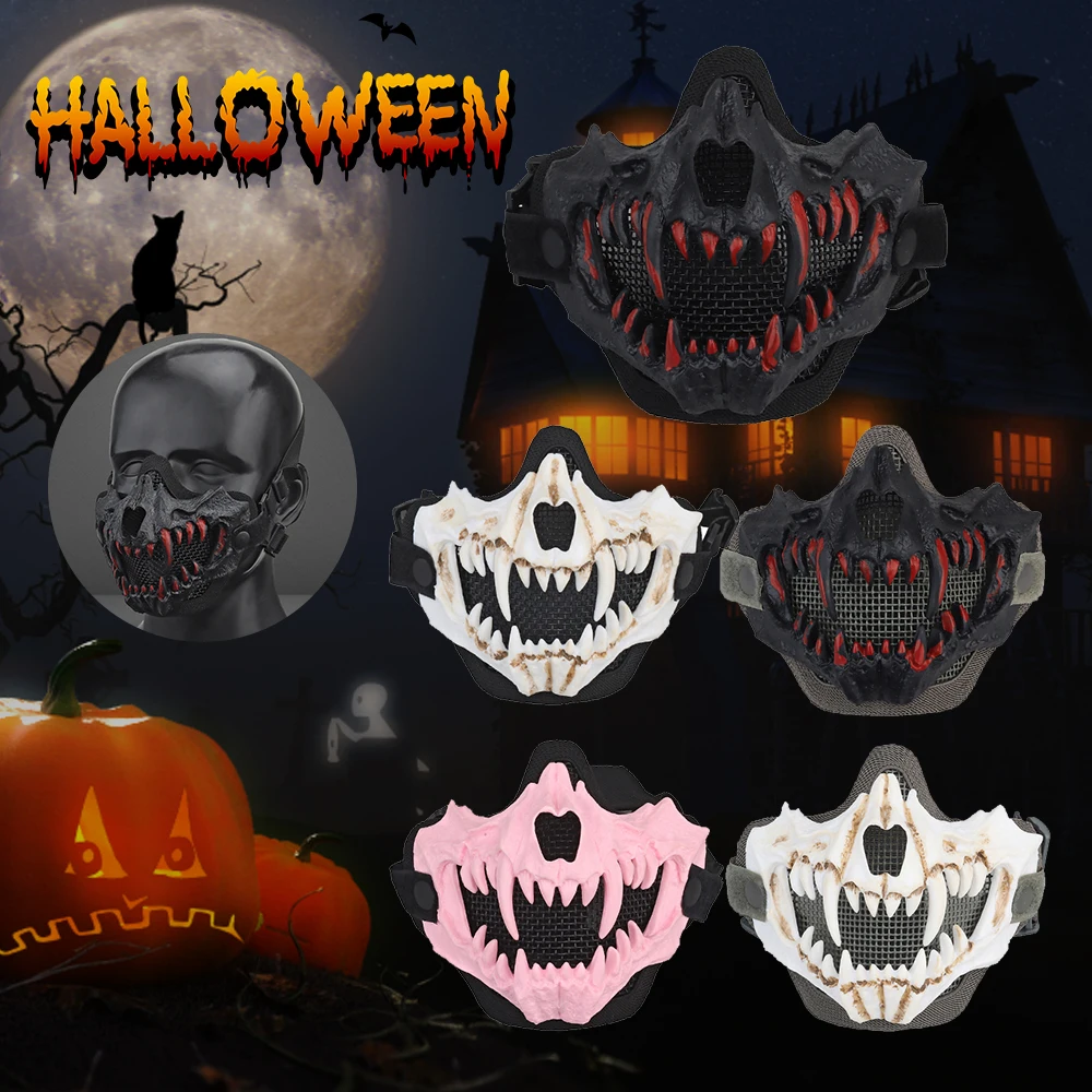 

Half Face Mask Multipurpose Fangs Cosplay Airsoft Mask Adjustable Strap Breathable Headwear Halloween Horror Party Decor