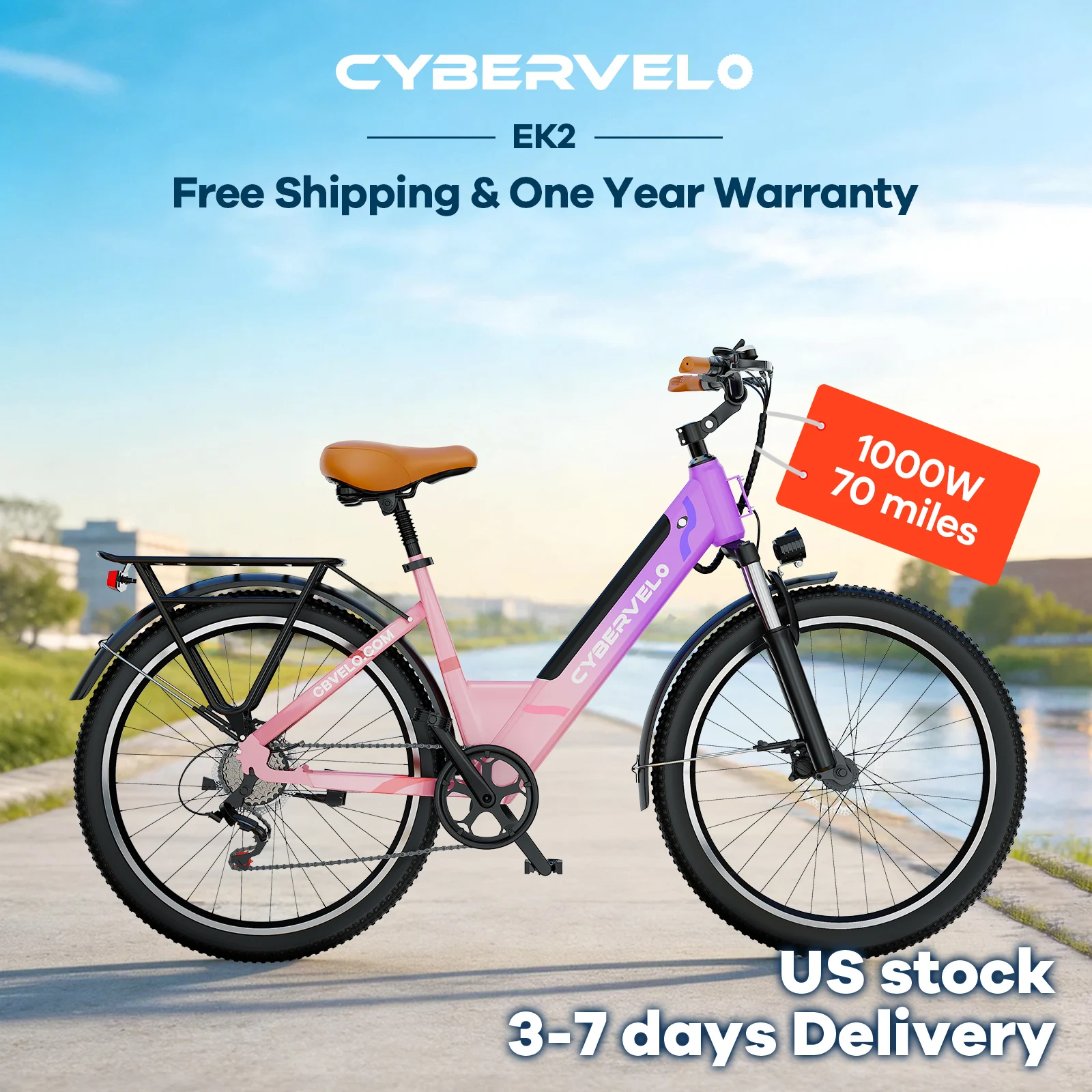 Cybervelo EK2 1000W Peak Electric Bike for Adults 26" 7-Speed Removable Battery Ebike Up to 80 Miles Range Commuter Electric Bicycle for Beach Snow Men Women