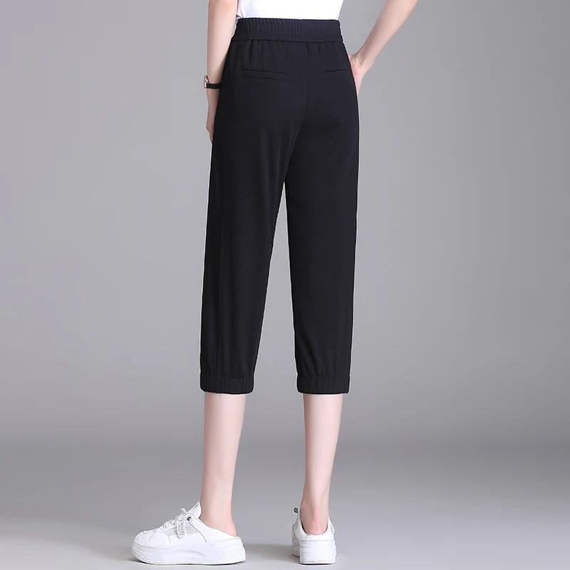 High-Waist Harun Pants Capris Women's Summer Thin Loose Pants Fat MM Capris Elastic Waist Gray Casual Pants M-5XL