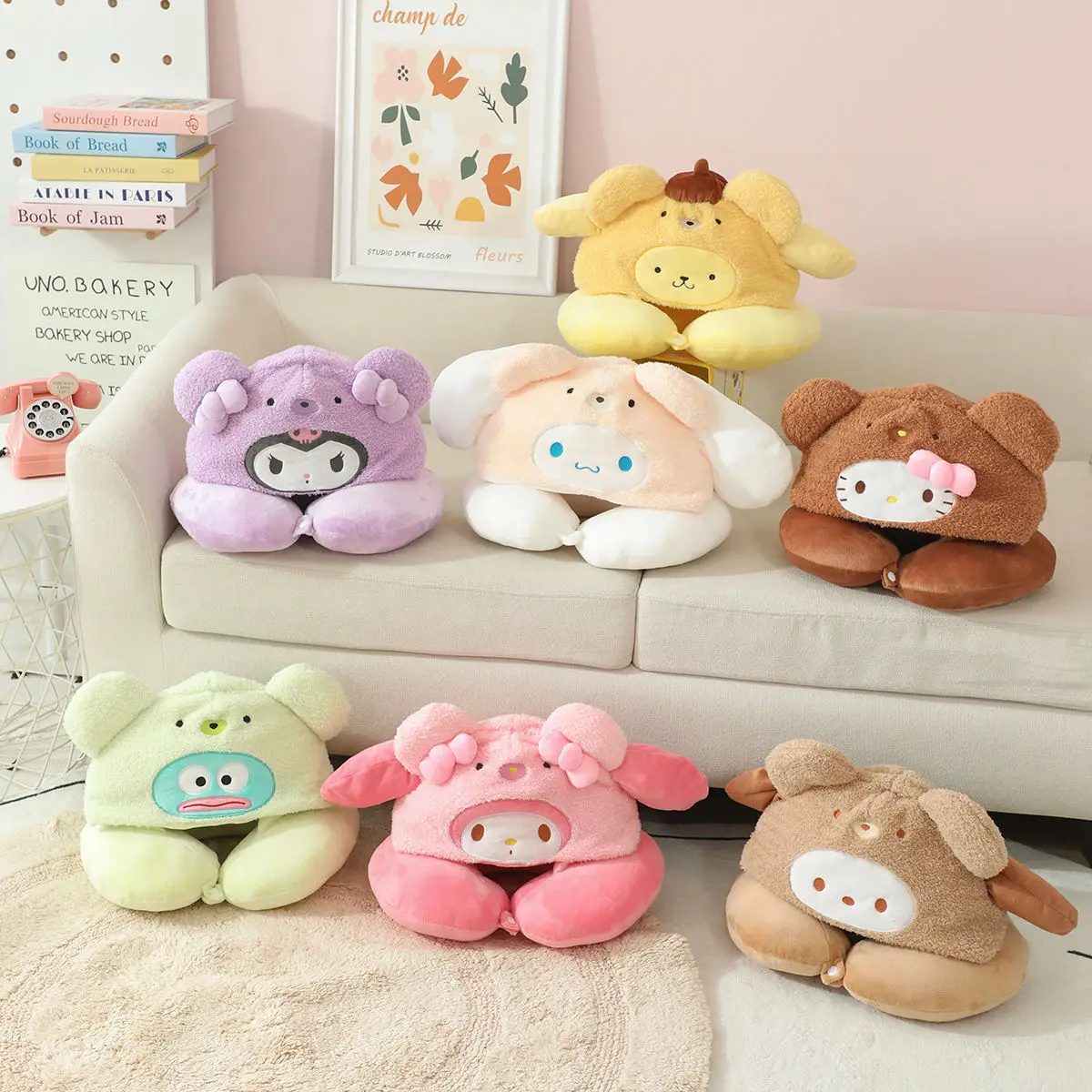 Sanrio Hello Kitty Portable U-shaped Hooded Neck Pillow Pochacco Kuromi My Melody Cinnamoroll Hangyodon Travel Blackout Pillow