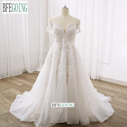 Ivory Organza A-Line Wedding Dresses Chapel Custom Made Sweetheart Bridal Gowns Off The Shoulder  Beading  Tulle