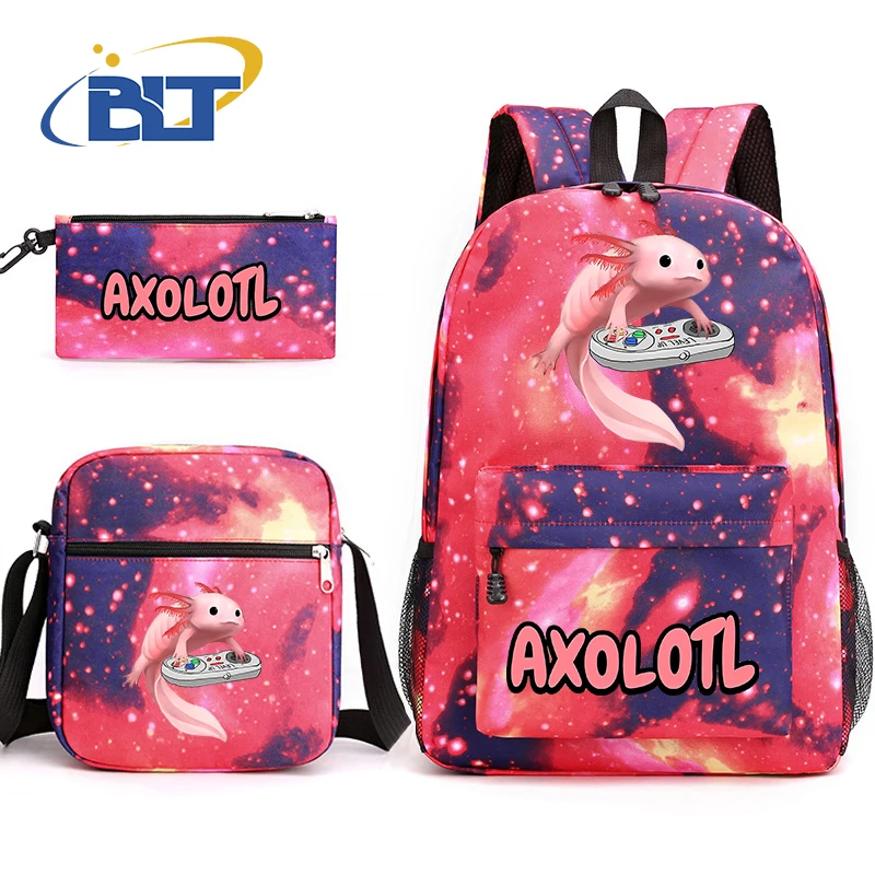 Axolotl Impresso School Bag Set para Crianças, Mochila Estudantil, Bolsa de Ombro, Estojo de Lápis, Presente Infantil, 3 Pcs