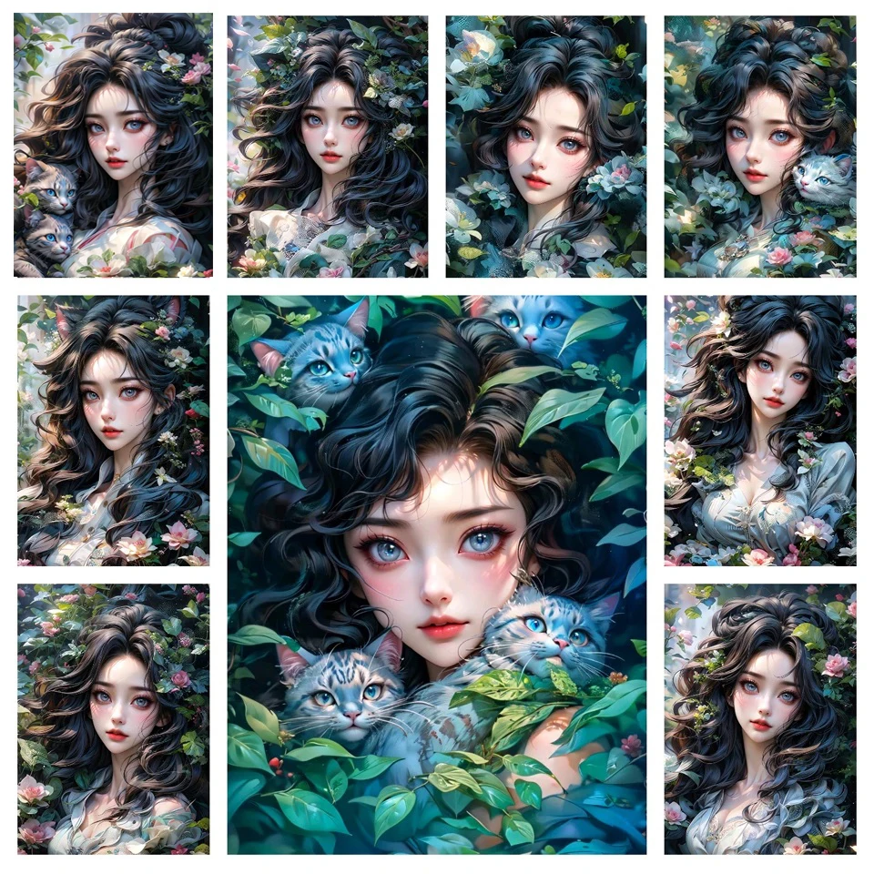 Diamond Painting New Collection Jungle Beautiful Girl Flower Cat Full Diamond Mosaic Embroidery 5D DIY Cross Stitch Kit V574