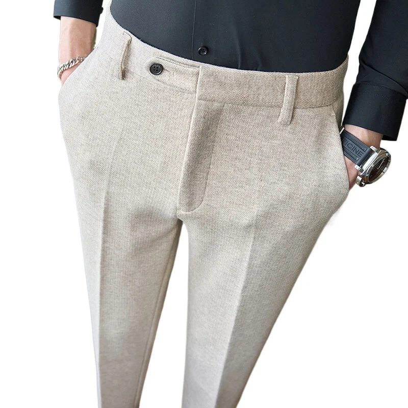 2025年秋冬 ハイエンド ウール フォーマルパンツ メンズ、アプリコット色 ファッション シンプル 多用途 メンズカジュアルパンツ/インフォーマルパンツ