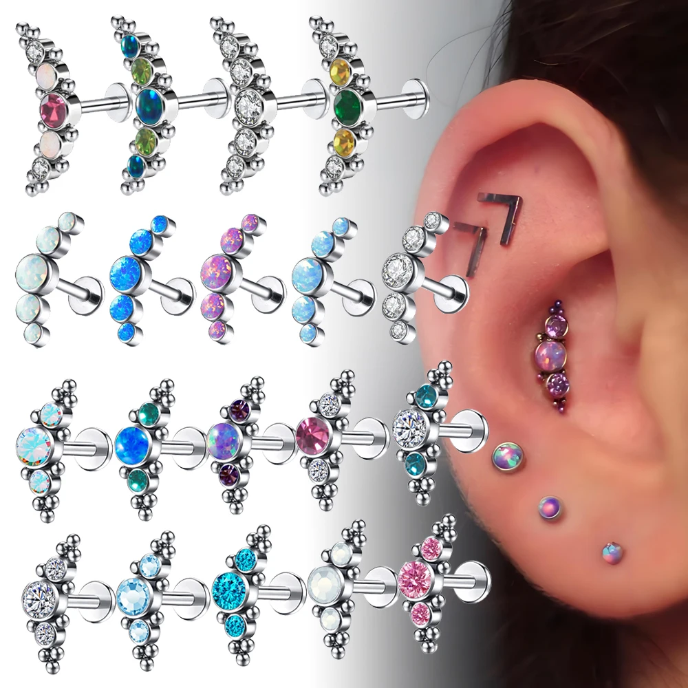 1PC 316L Stainless Steel 16G  Cz Labret Lip Ring Crystal Cluster Stud Earrings Ear Cartilage Tragus Helix Daith Piercing Jewelry