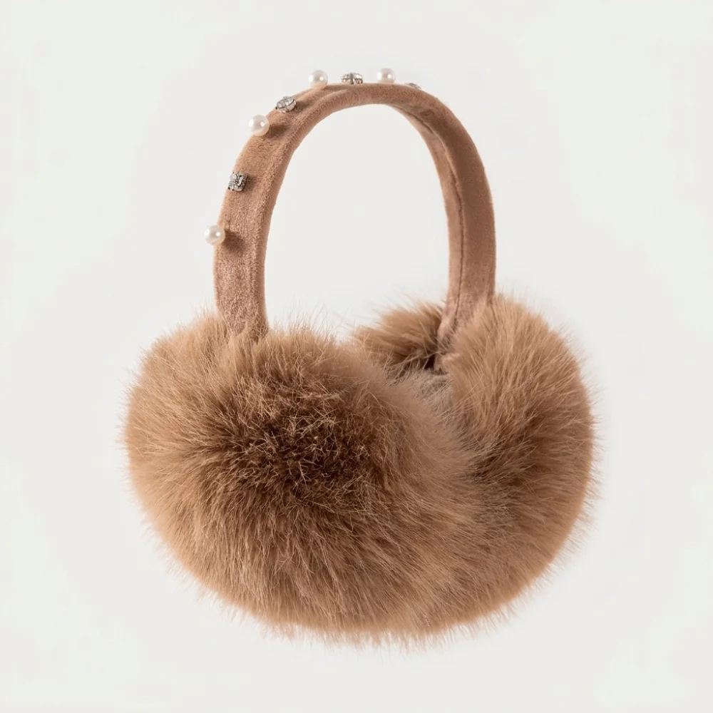 New Pearl Rhinestone Decor Faux Fur Earmuffs Plush Soft Winter Ear Warmers Fluffy Cold‑proof Soft Fluffy Earmuffs Cycling