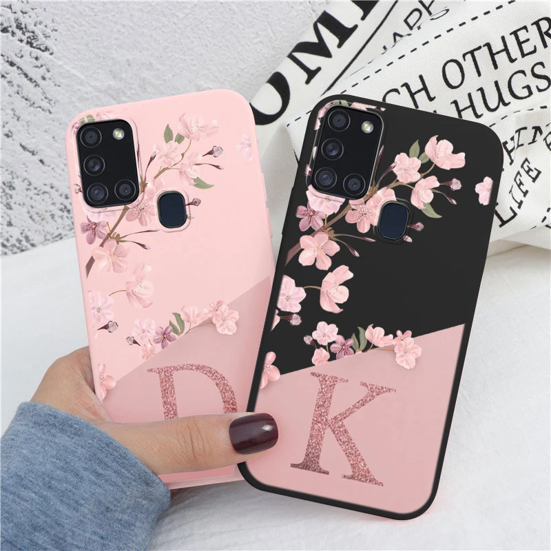 For Samsung Galaxy A21S A31 A41 Phone Case Cute Pink Flowers Letter Back Cover Silicone Capa Soft Bumper Coque For Samsung A21s