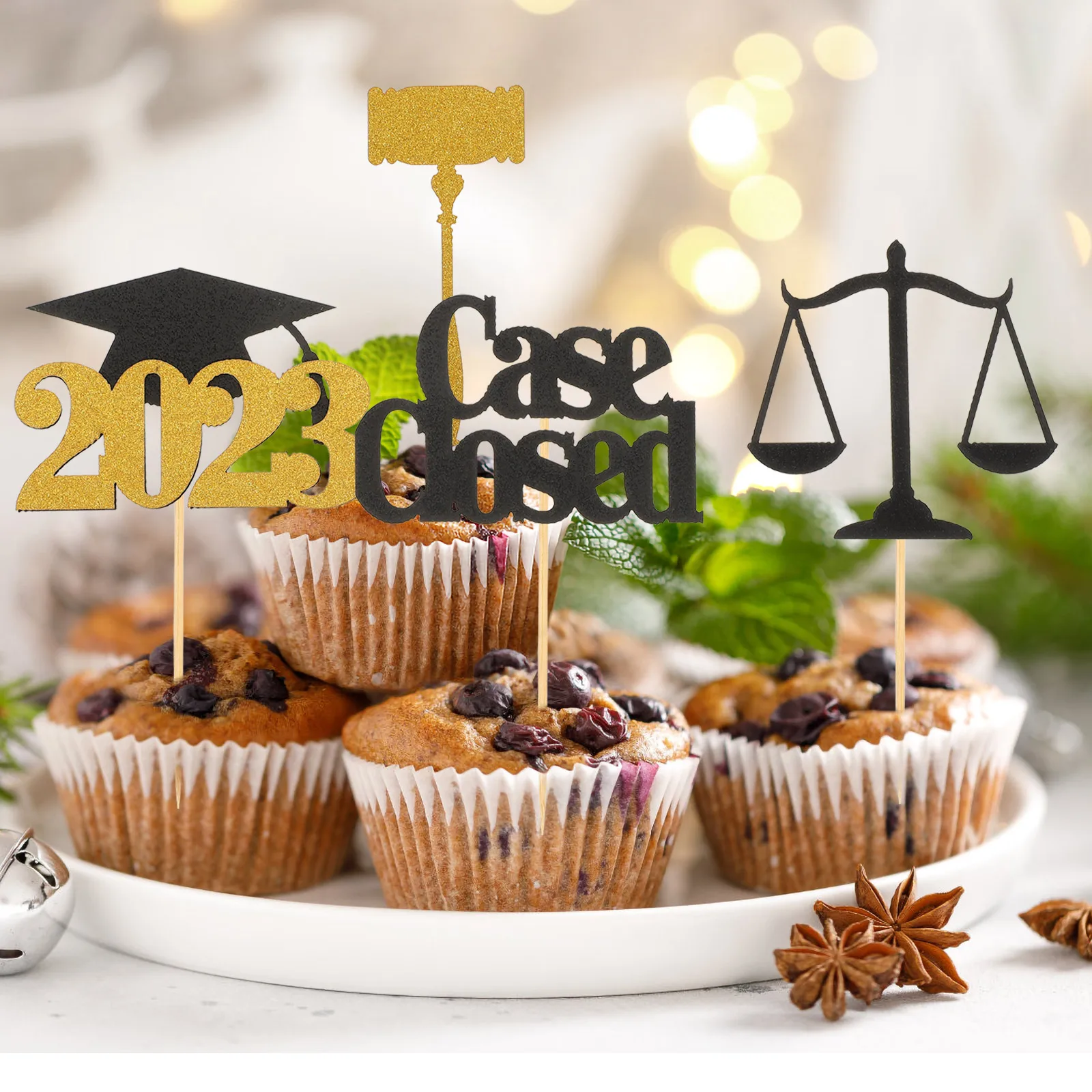 

24pcs Graduation Cupcake Toppers Law Major Theme Glitter Cake Decorations Wood Picks for Party Fruit Dessert Decoration
