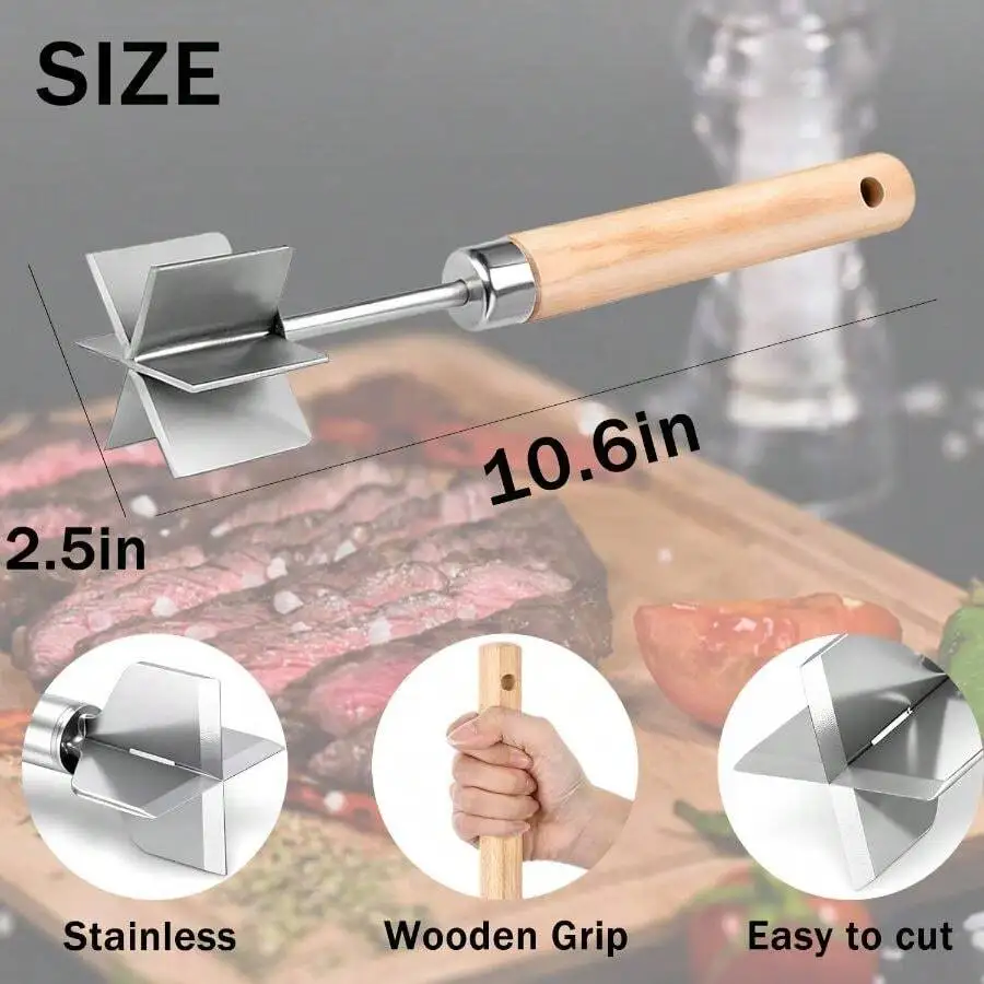 Stainless Steel Meat Chopper, Heavy Duty Mashing Wooden Handle, 10.6 Inch Ground Beef Chopper Rust Prevention Sturdy Ground Meat