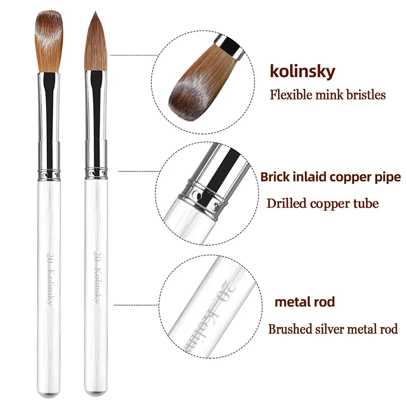 Sweet-Z High Quality 100% Kolinsky Nail Brush Size 8-20 White Color Metal Handle Drawing Brush for Acrylic Powder Wholesale