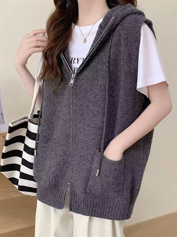 

2025 New Women's Open Cardigan Knitted Vest Svel Hooded Zipper Loose Layering Sweater Vest Autumn Winter Faion Commut...