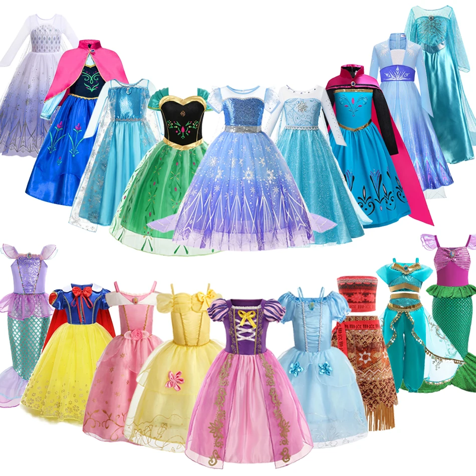 Cosplay feminino congelado, princesa Rapunzel, branca de neve, sereia, Belle, Cinderela, vestido infantil, roupas de festa de Halloween