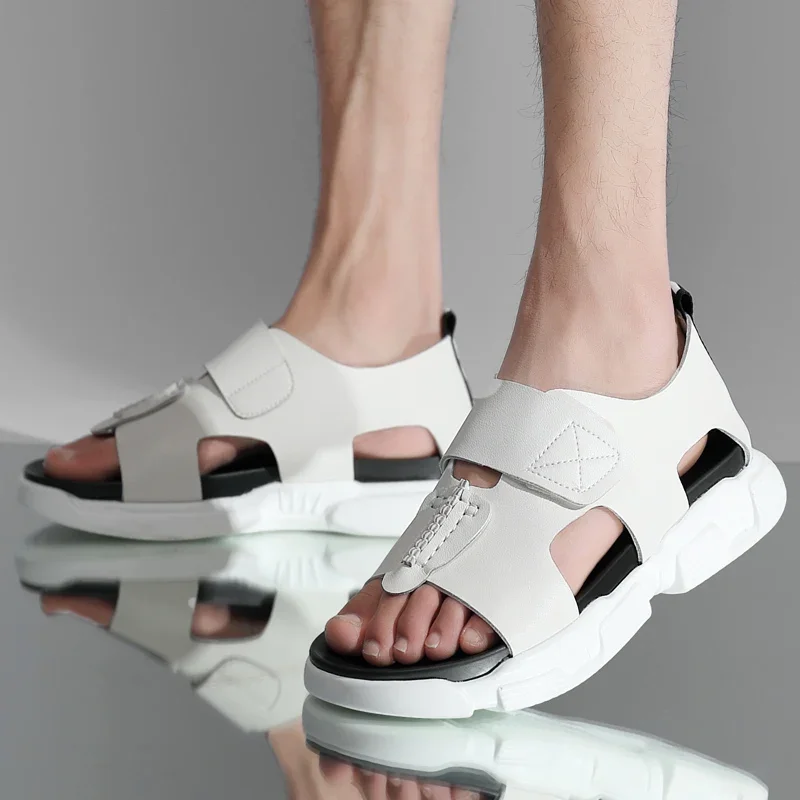 

Сандалии из коровьей кожи, мужские летние поп-модные повседневные спортивные пляжные туфли, уличные мужские кроссовки на нескользящей платформе, сандалии