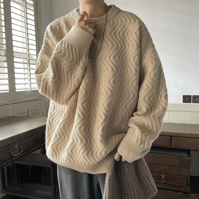 Maglione giapponese tinta unita da uomo autunno inverno testurizzato ampio scollo tondo alla moda
