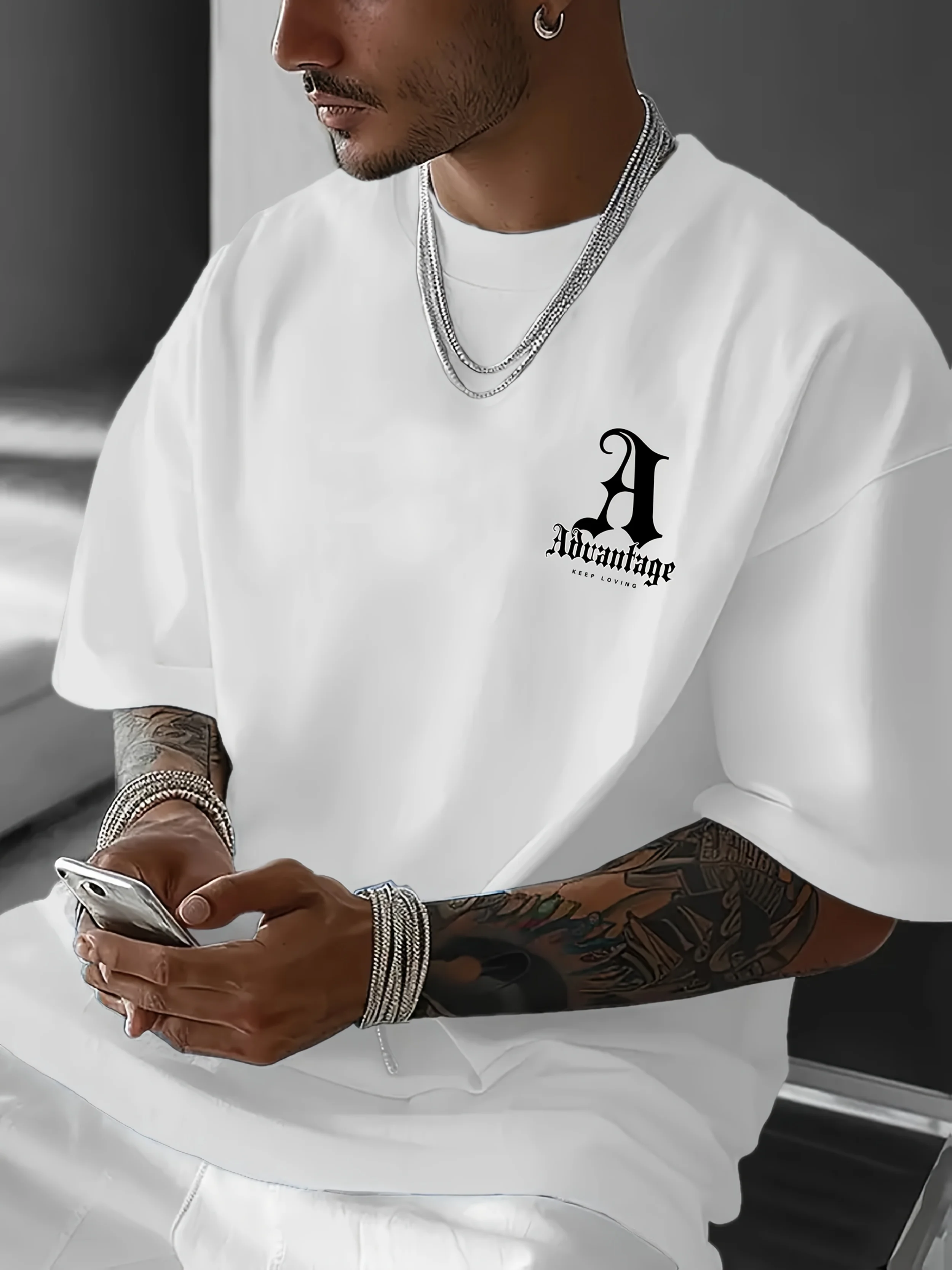 Men's summer 100 pure cotton fashionable casual sports loose back large LA letter printed round neck short sleeved T-shirt top image 4