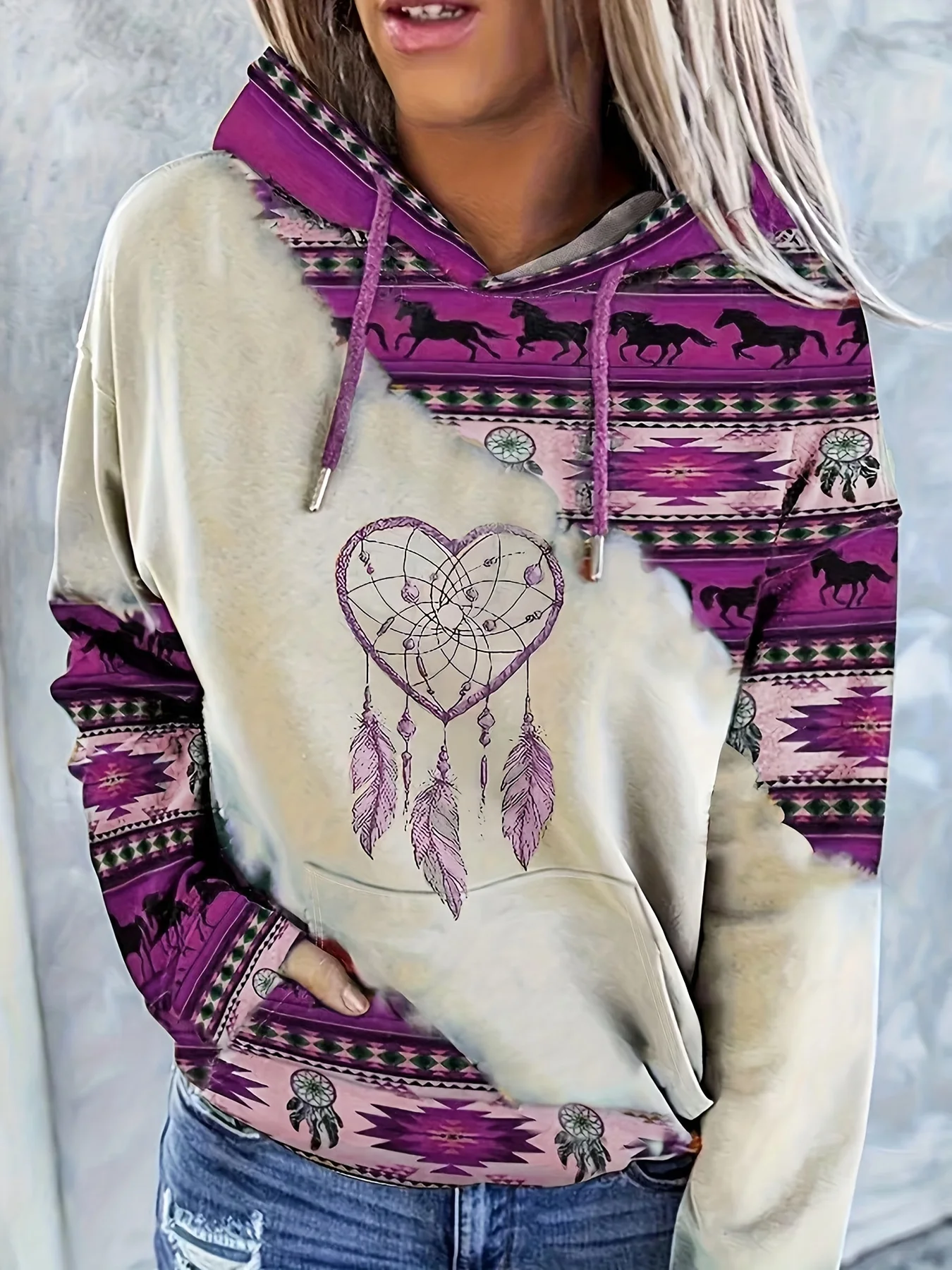 Women's casual fashion round neck pullover hoodie Western ethnic style retro print women's top hoodie