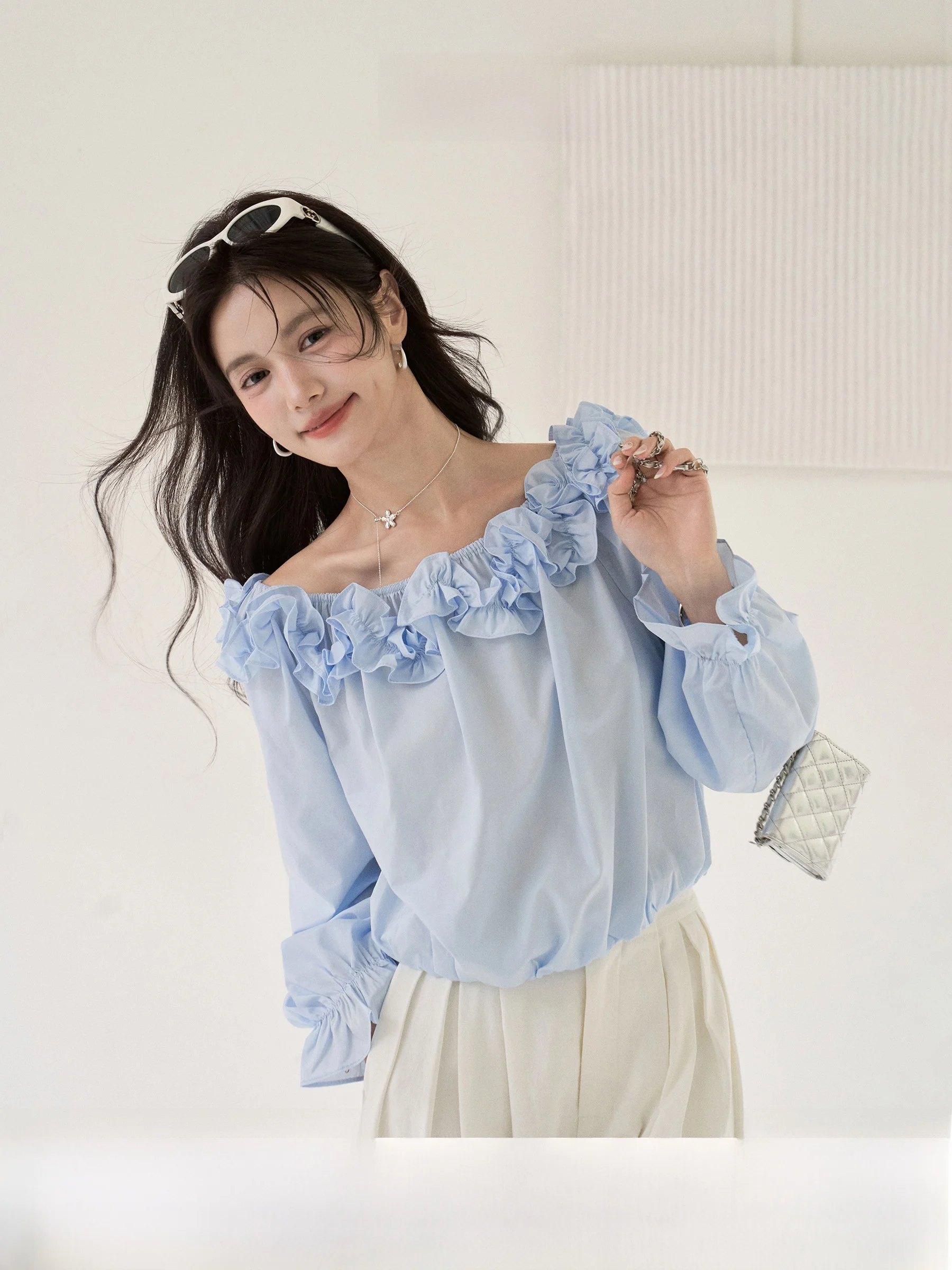 

Blue Lace Trim One Shoulder Shirt Women's Summer New Style Floral Print Long Sleeve Comfortable Breathable Waist Cinched Shirt