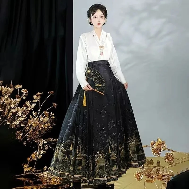 Original Hanfu Women's Ming Shirt+Horse-Faced Skirt Suit Loose Modified Chinese Style Daily Birthday Party Printed Dance Dresses