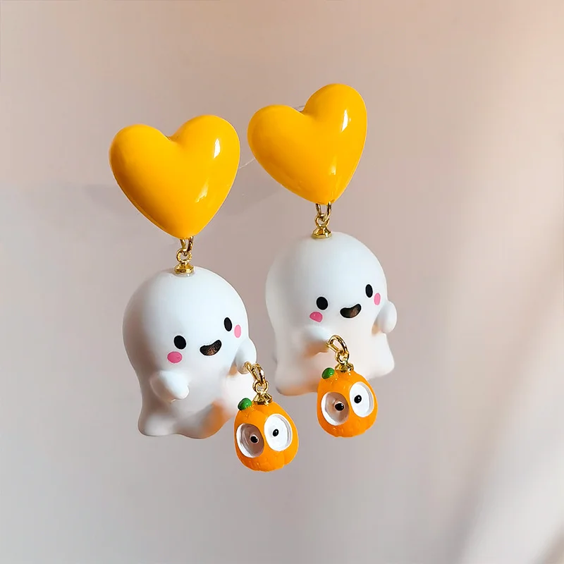 Neue Niedliche Halloween-Geister-Ohrringe aus Harz für Frauen Cartoon-Mode Geometrischer Roter Stern Ball-Ohrstecker Festtags-Party-Schmuck Geschenk – Detail 10