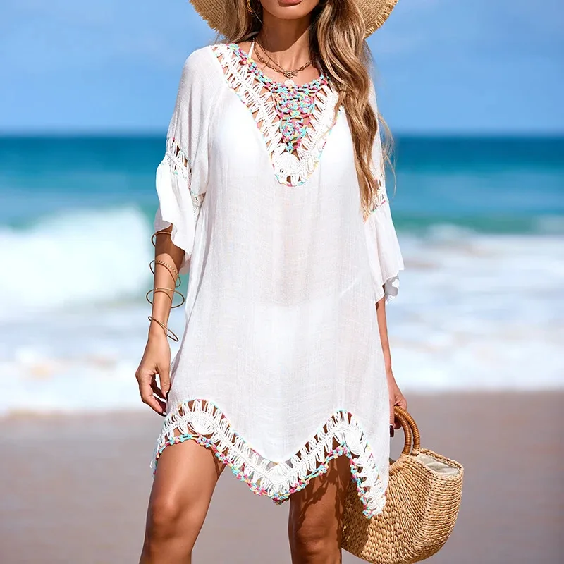 

Colorful Hand Hook Lace Trim See-through Beach Dress Fashion Casual Backless Tie Up Cover-Up for Vacation Wear